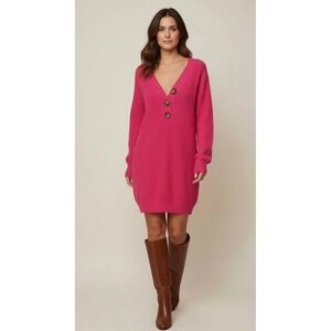 NEW Womens Rose Red Medium V Neck Button Detail Knit Sweater Dress